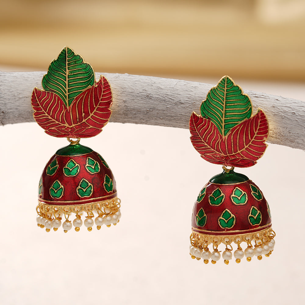 Riva- Hanging Pearls Enameled Jhumka Earrings(Multicolored)
