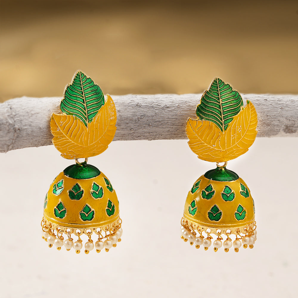 Riva- Hanging Pearls Enameled Jhumka Earrings(Multicolored)