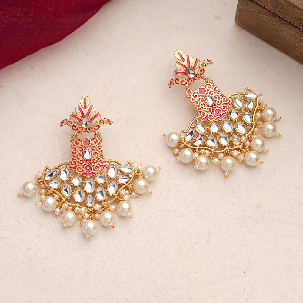 Tara- Stone Studded Hanginh Pearl Dangler earrings(Red)