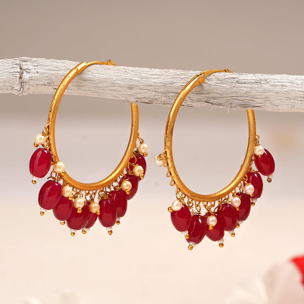Zoya- Hanging Pearl Hoops Earrings(Red)