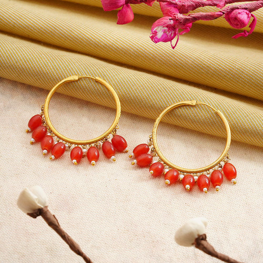 Zoya- Hanging Pearl Hoops Earrings(Red)