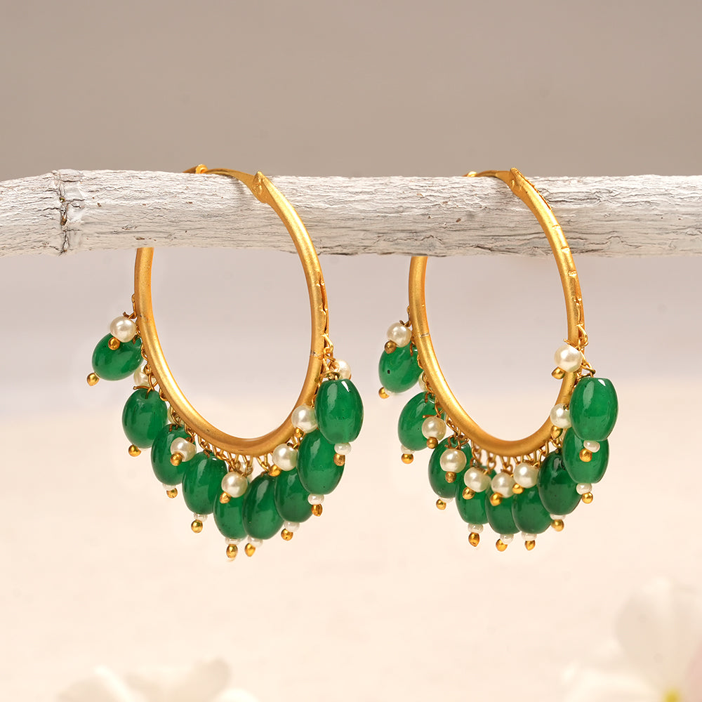 Zoya- Hanging Pearl Hoops Earrings(Green)