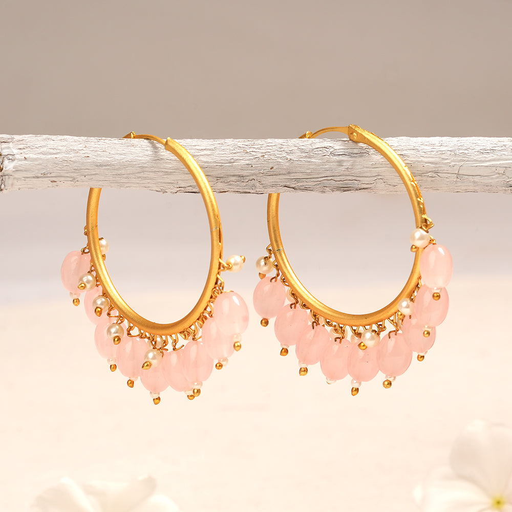 Zoya- Hanging Pearl Hoops Earrings(Light Pink)
