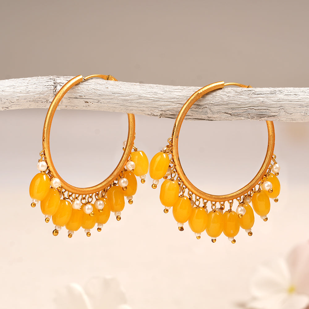 Zoya- Hanging Pearl Hoops Earrings(Yellow)