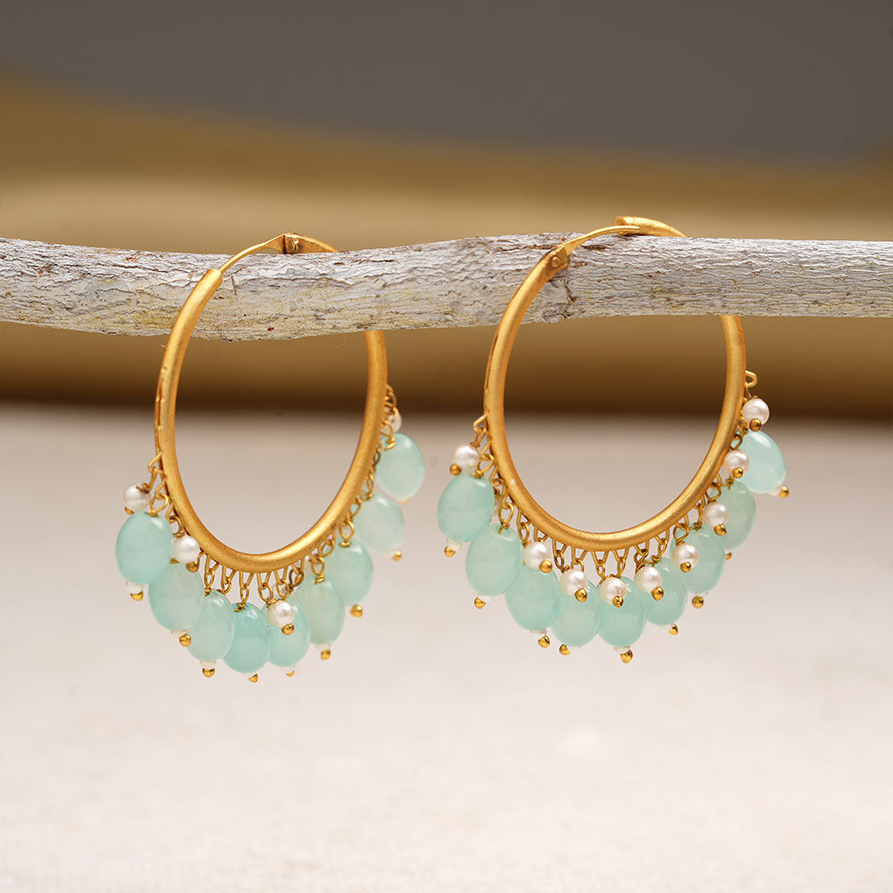 Zoya- Hanging Pearl Hoops Earrings(Pale Torquoise)