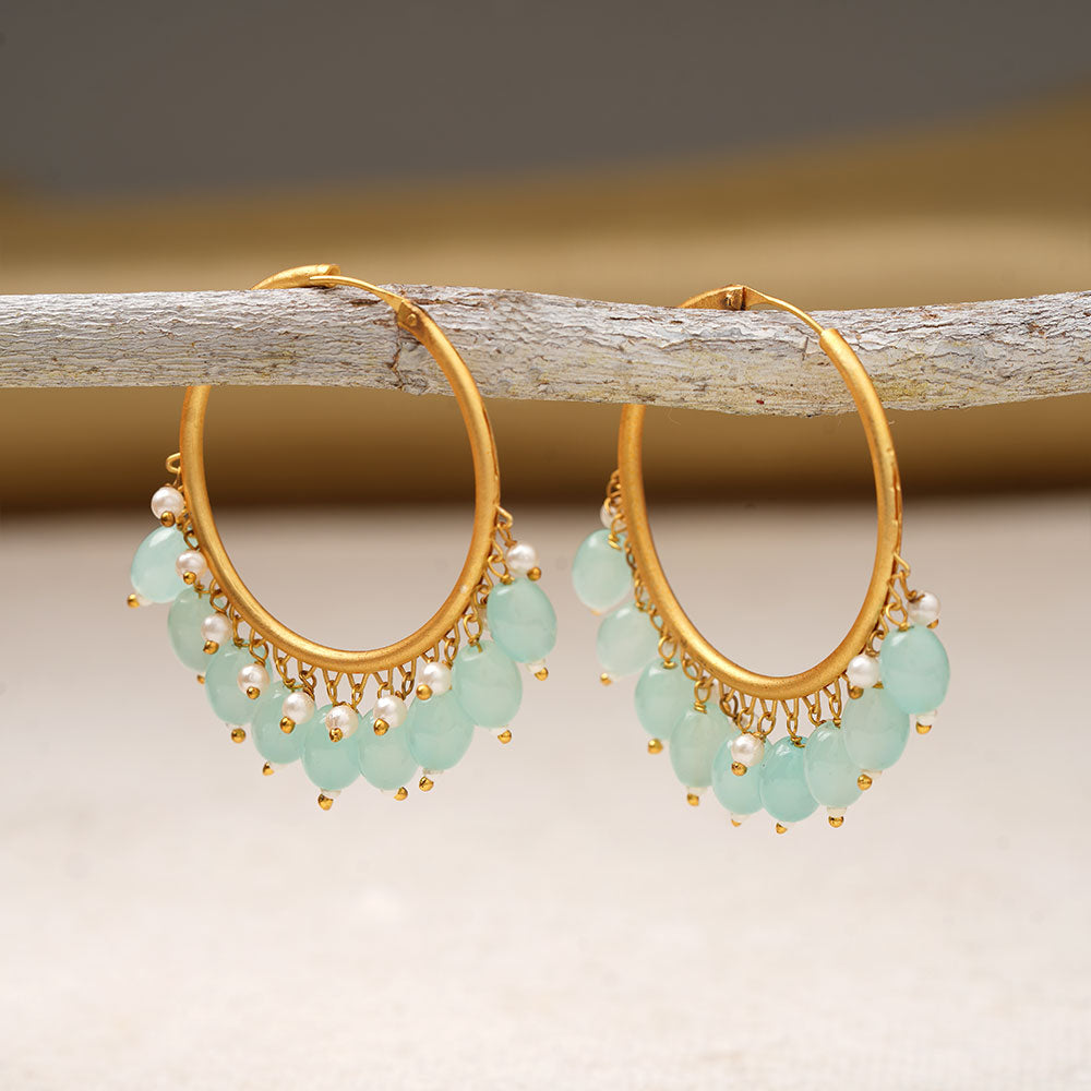 Zoya- Hanging Pearl Hoops Earrings(Pale Torquoise)