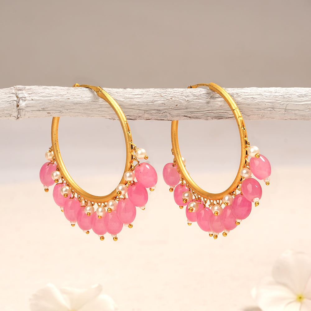 Zoya- Hanging Pearl Hoops Earrings(Pink)