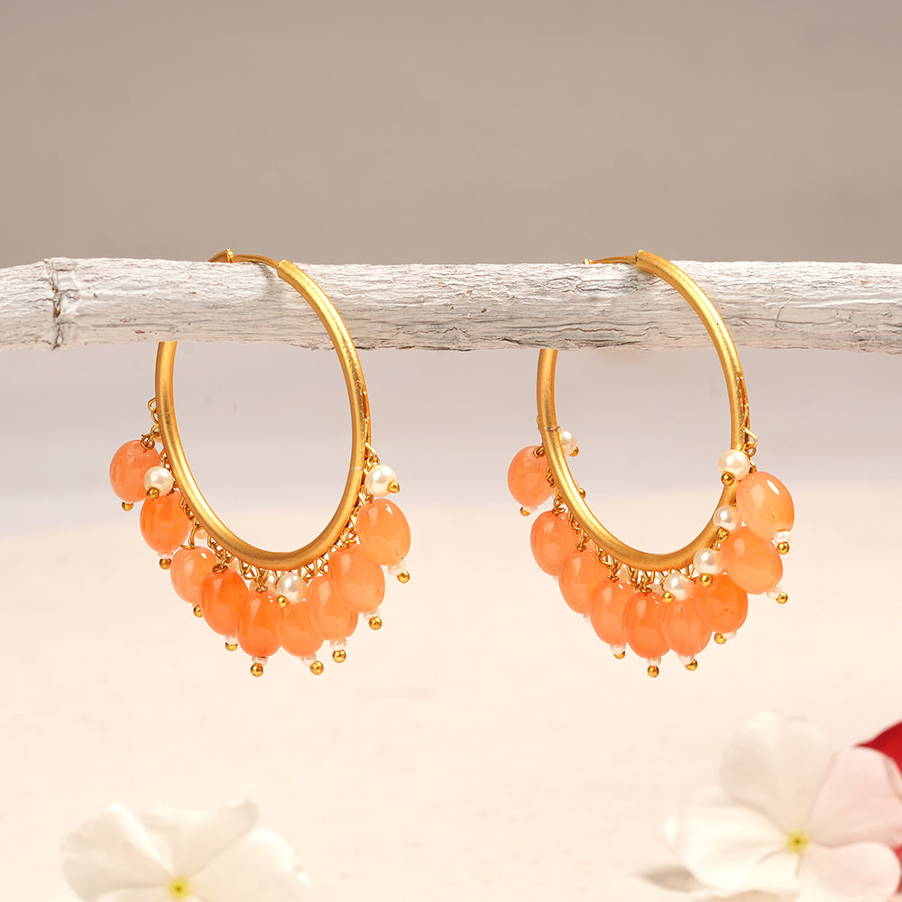 Zoya- Hanging Pearl Hoops Earrings(Orange)
