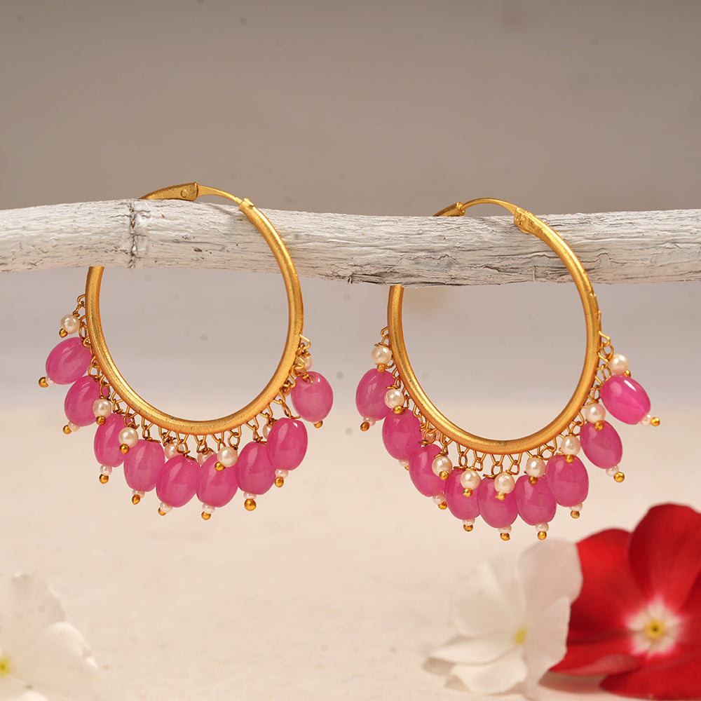 Zoya- Hanging Pearl Hoops Earrings(Dark Pink)