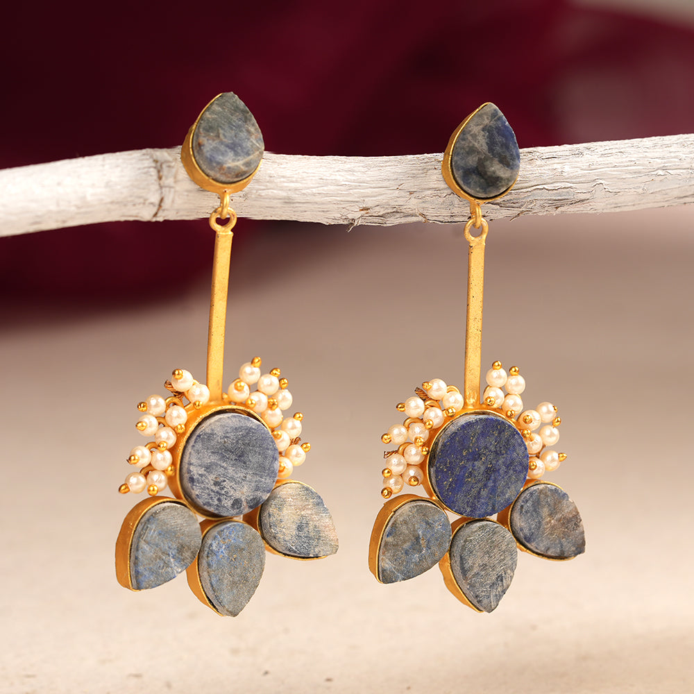 Ziyana- Stone Studded Baby Pearl Dangler Earrings(Blue)
