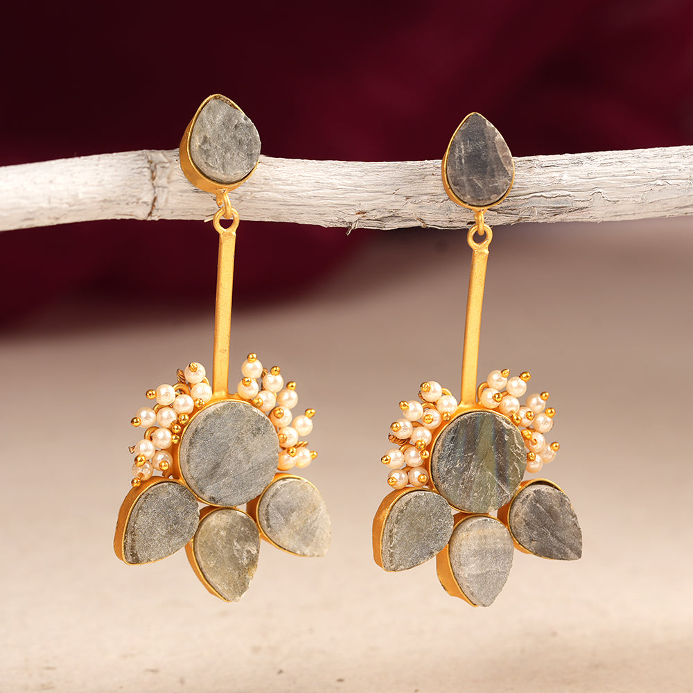 Ziyana- Stone Studded Baby Pearl Dangler Earrings(Gray)