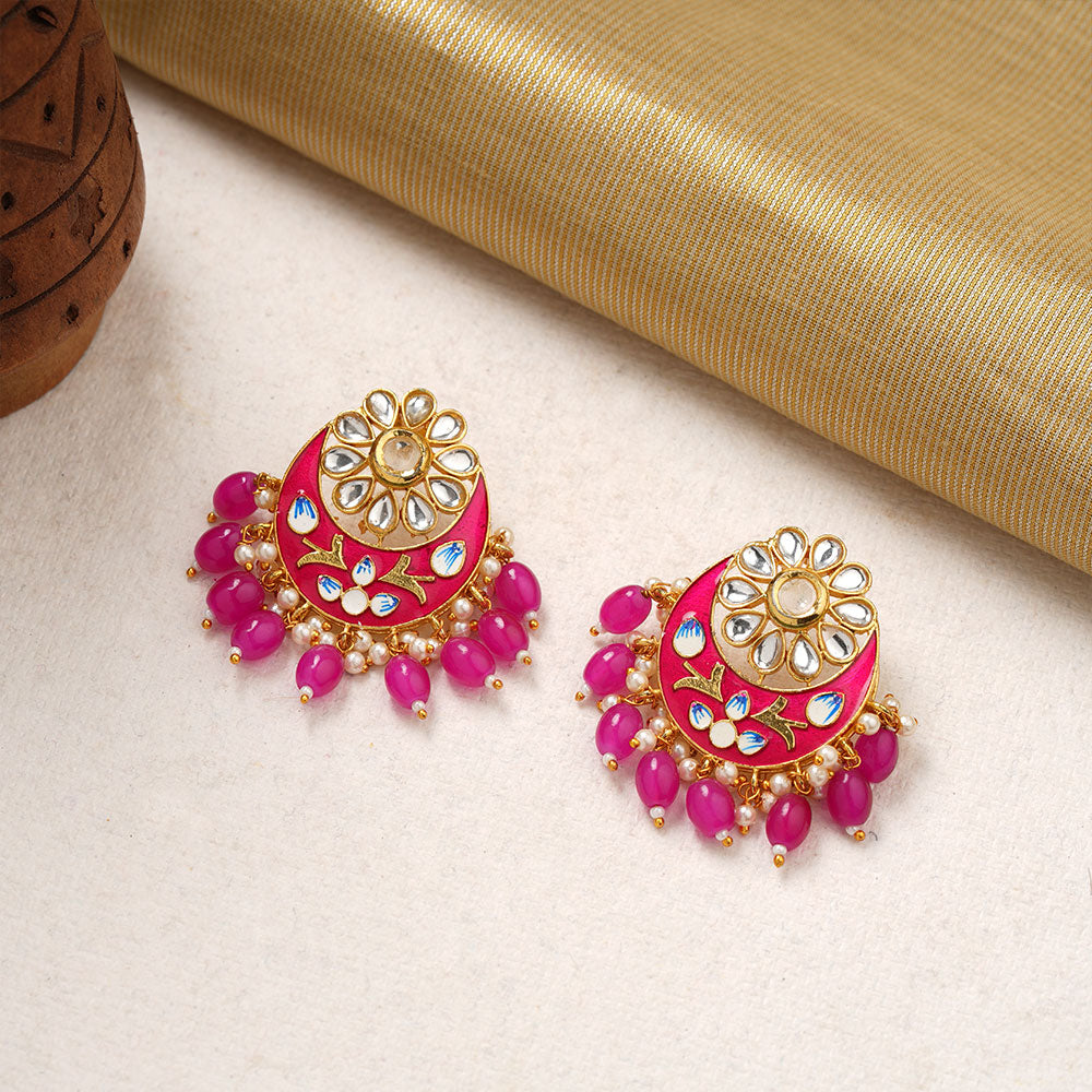 Aarvi- Stone Studded Dangler Earrings(Pink)