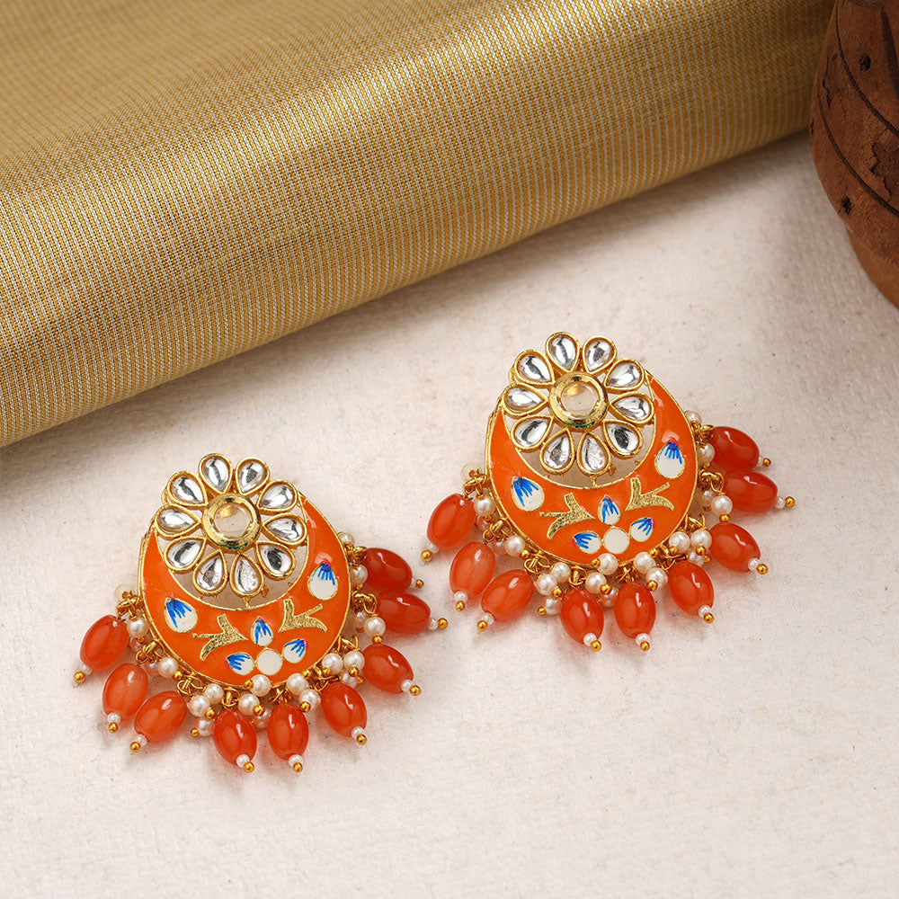 Aarvi- Stone Studded Dangler Earrings(Orange)