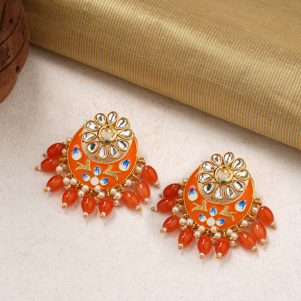 Aarvi- Stone Studded Dangler Earrings(Orange)