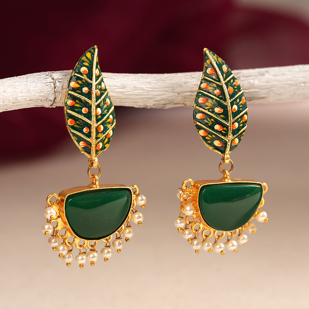 Aashi- Stone Studded Dangler Earrings(Green)