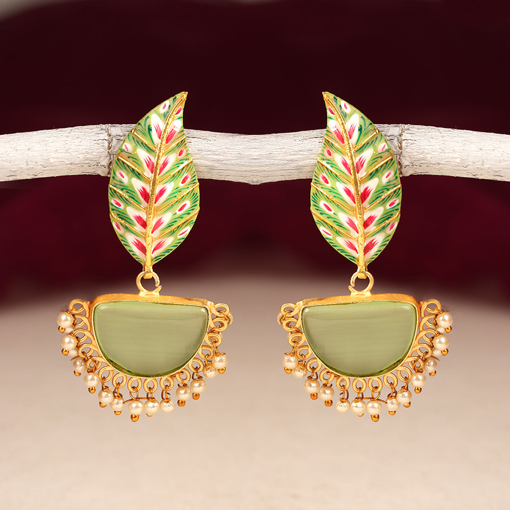 Aashi- Stone Studded Dangler Earrings(Pale Green)