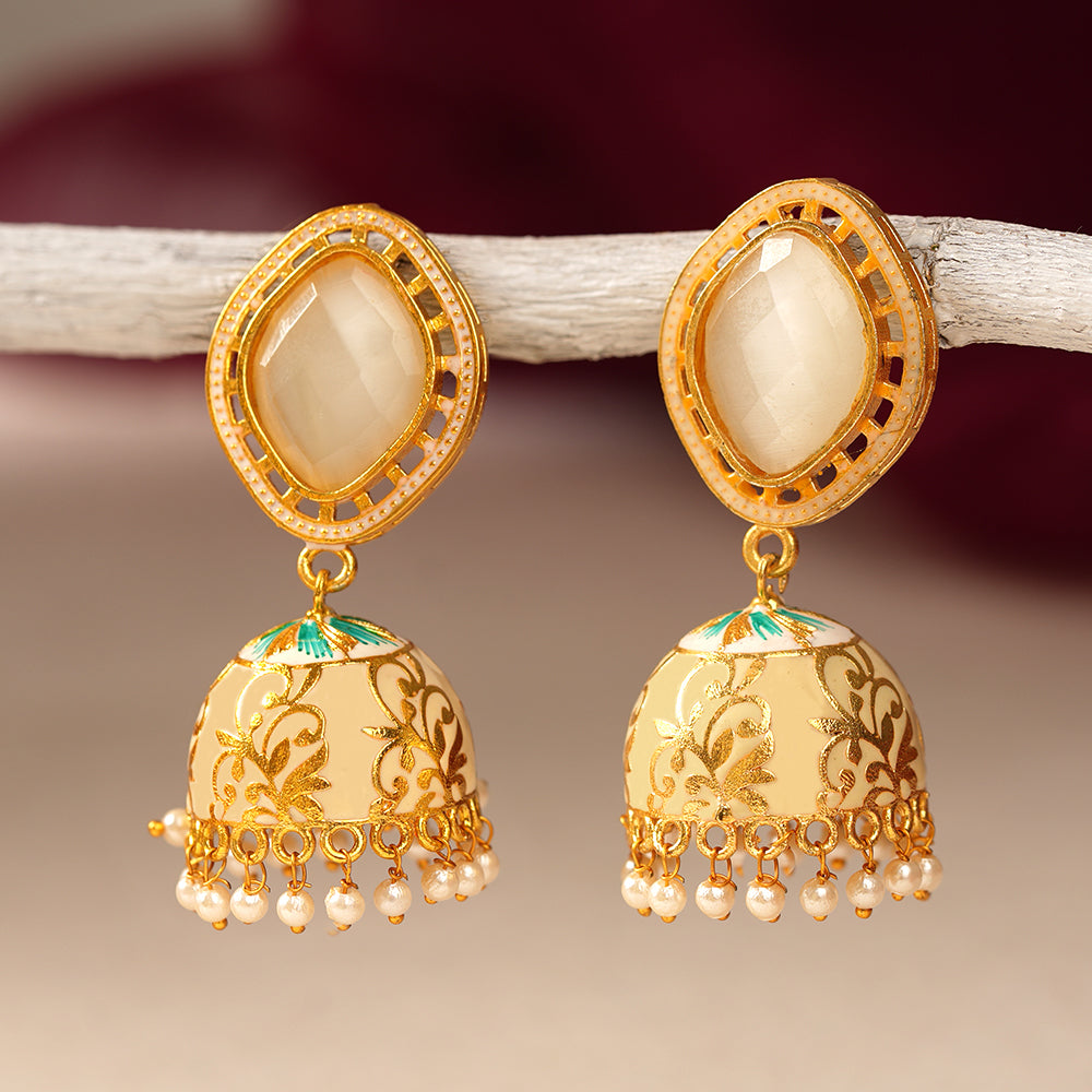 Aayushi- Stone Studded Hanging Pearl Jhumka Earrings