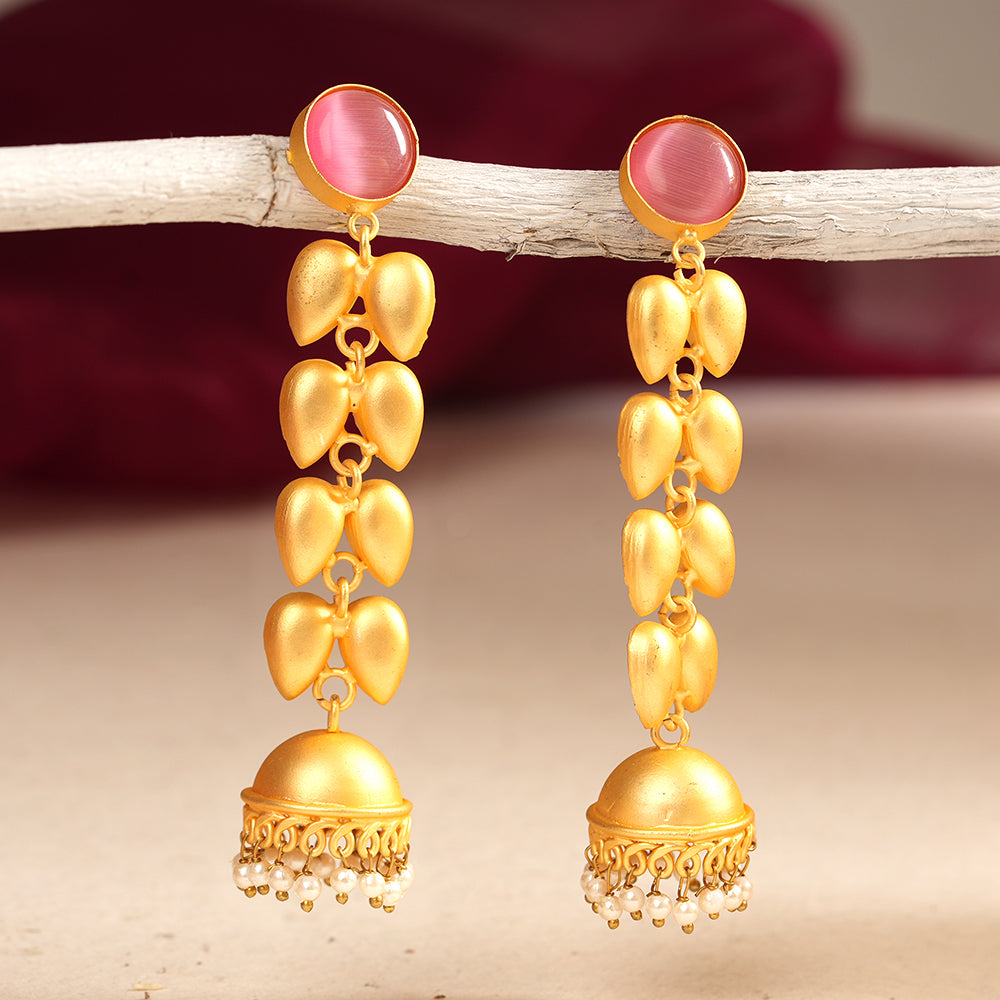 Adhira- Stone Studded Hanging Pearls Jhumki Earrings