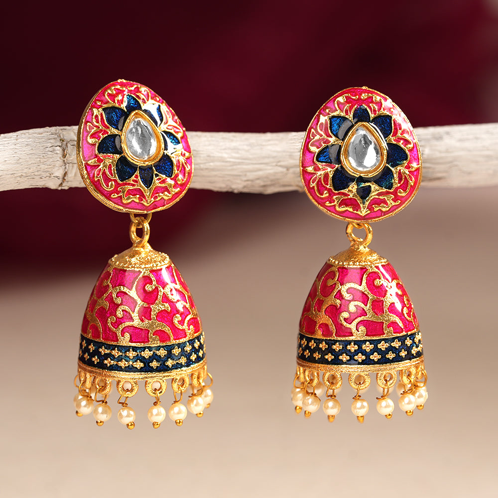 Advika- Stone Studded Hanging Pearls Jhumka Earrings(Red)