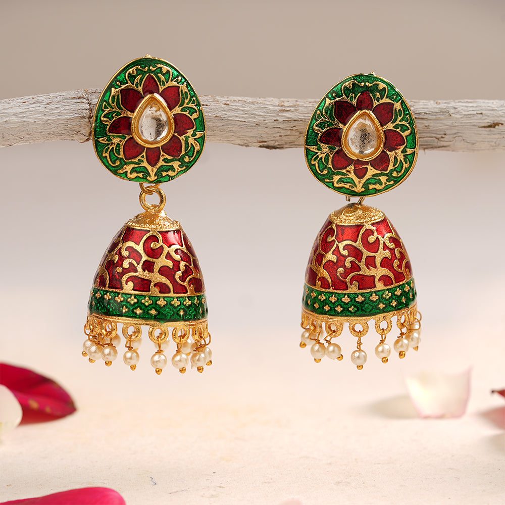 Advika- Stone Studded Hanging Pearls Jhumka Earrings(Green)