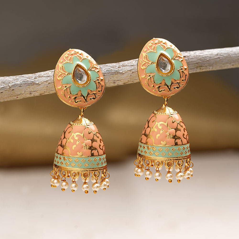 Advika- Stone Studded Hanging Pearls Jhumka Earrings(Peach Puff)