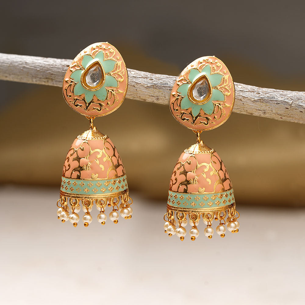 Advika- Stone Studded Hanging Pearls Jhumka Earrings(Peach Puff)