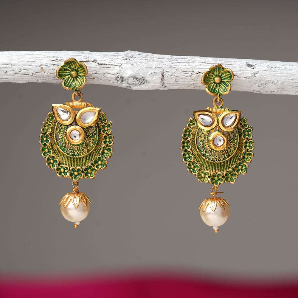 Tanirika- Stone Studded Hanging Pearl Dangler Earrings(Green)