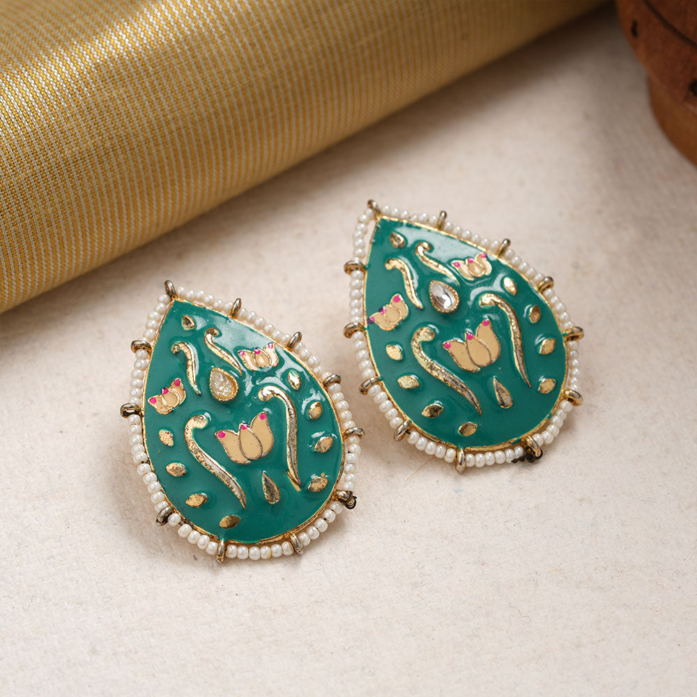 Alaya- Pearl Framed Drop Shaped Stud Earrings(Green)
