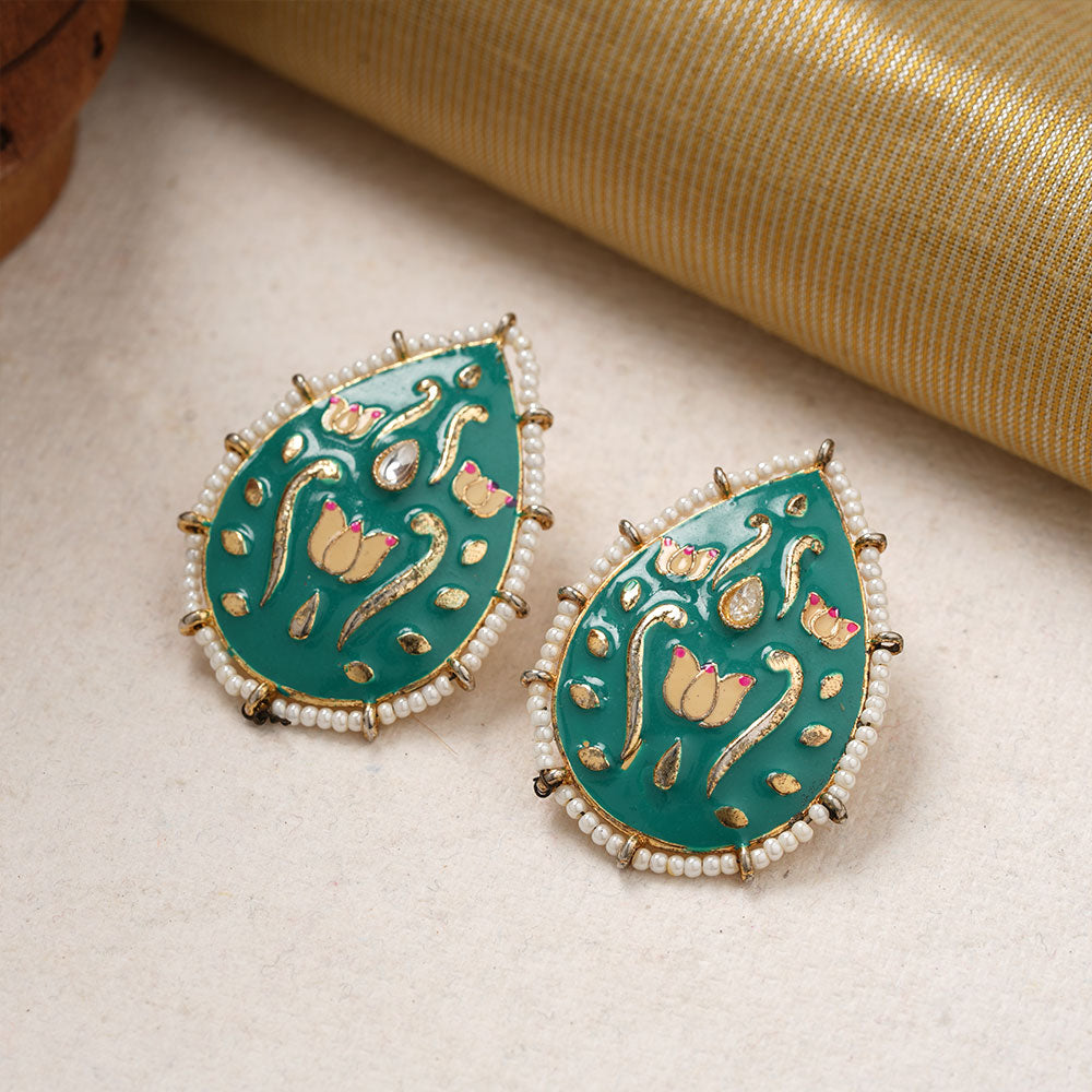 Alaya- Pearl Framed Drop Shaped Stud Earrings(Green)