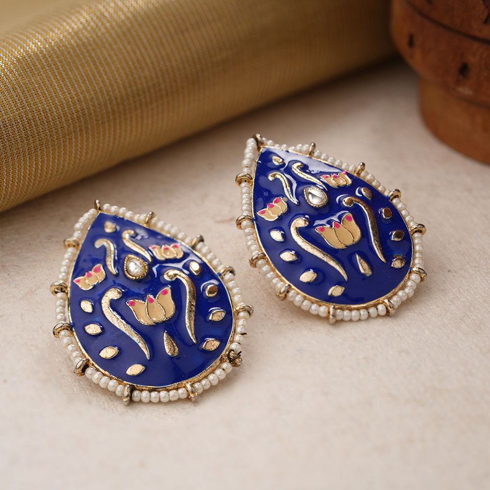 Alaya- Pearl Framed Drop Shaped Stud Earrings(Blue)