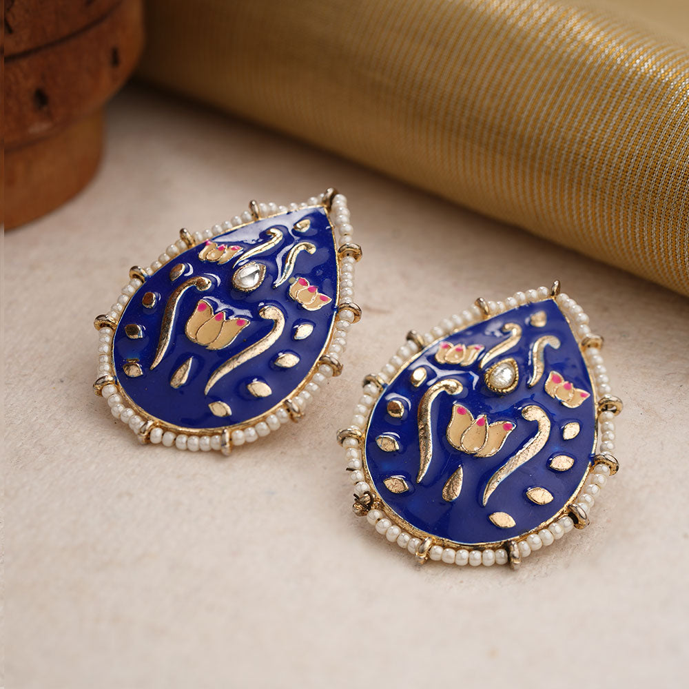 Alaya- Pearl Framed Drop Shaped Stud Earrings(Blue)