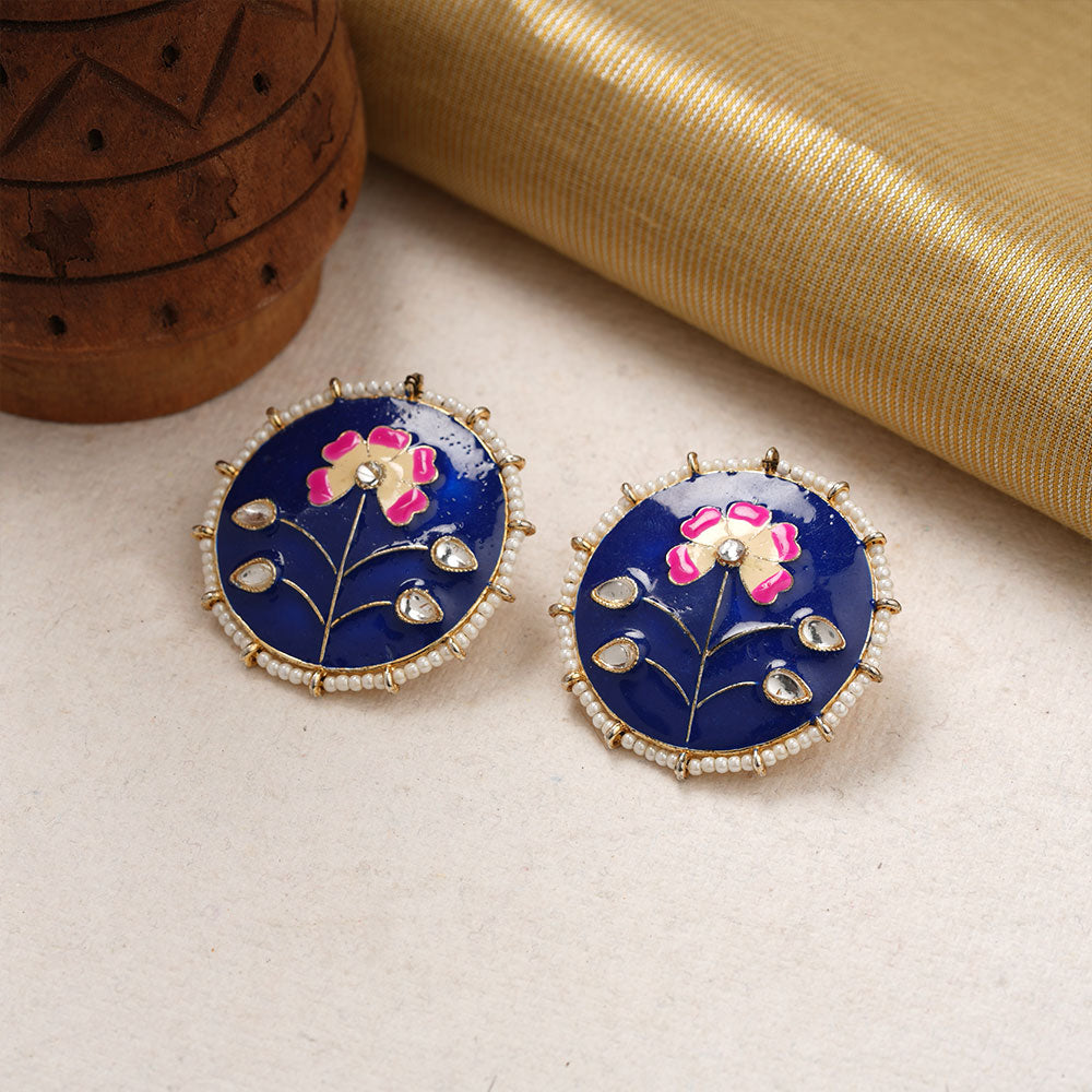 Anahita- Stone Studded Pearl Framed Stud Earrings(Blue)