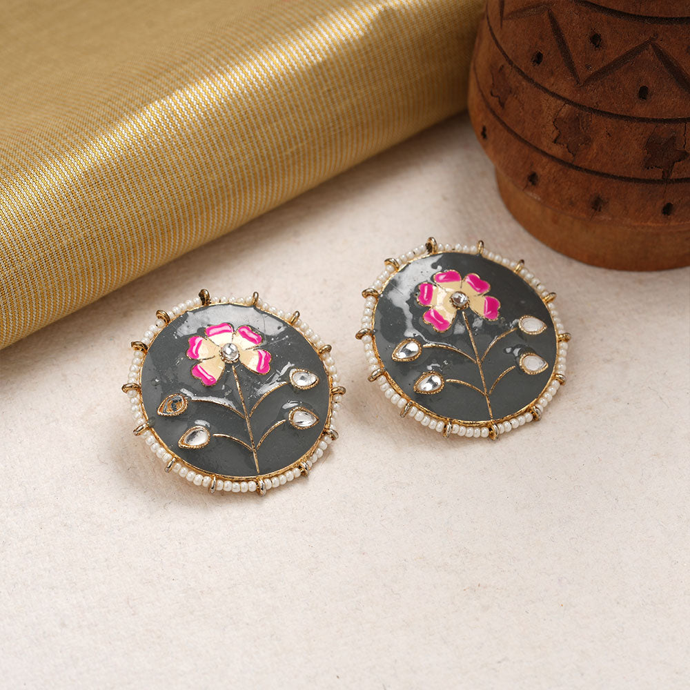 Anahita- Stone Studded Pearl Framed Stud Earrings(Gray)