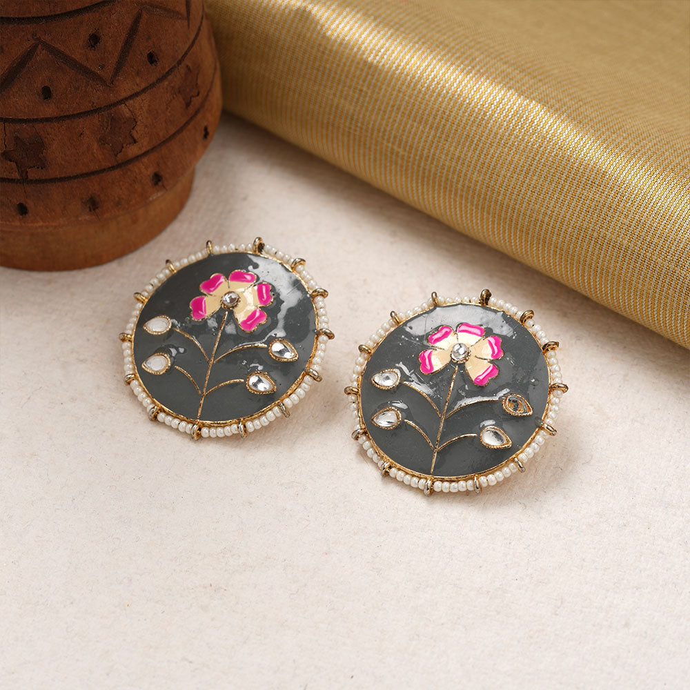 Anahita- Stone Studded Pearl Framed Stud Earrings(Gray)