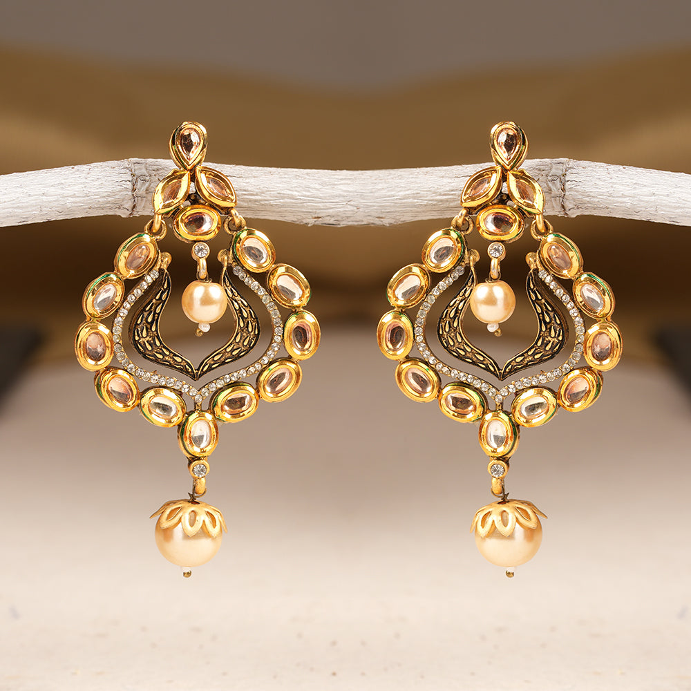 Chitra- Stone Studded Hanging Pearl Dangler Earrings