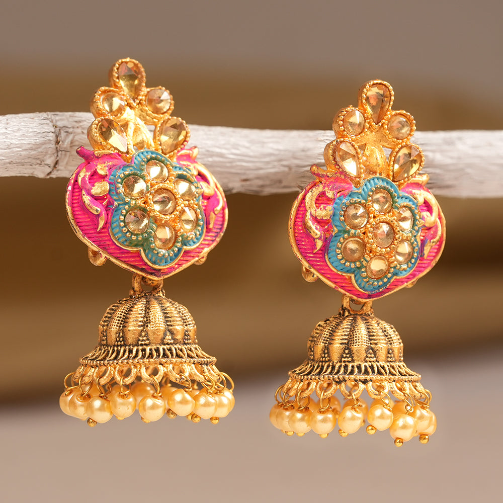 Divya- Stone Studded Hanging Pearl Jhumka Earrings (Red)