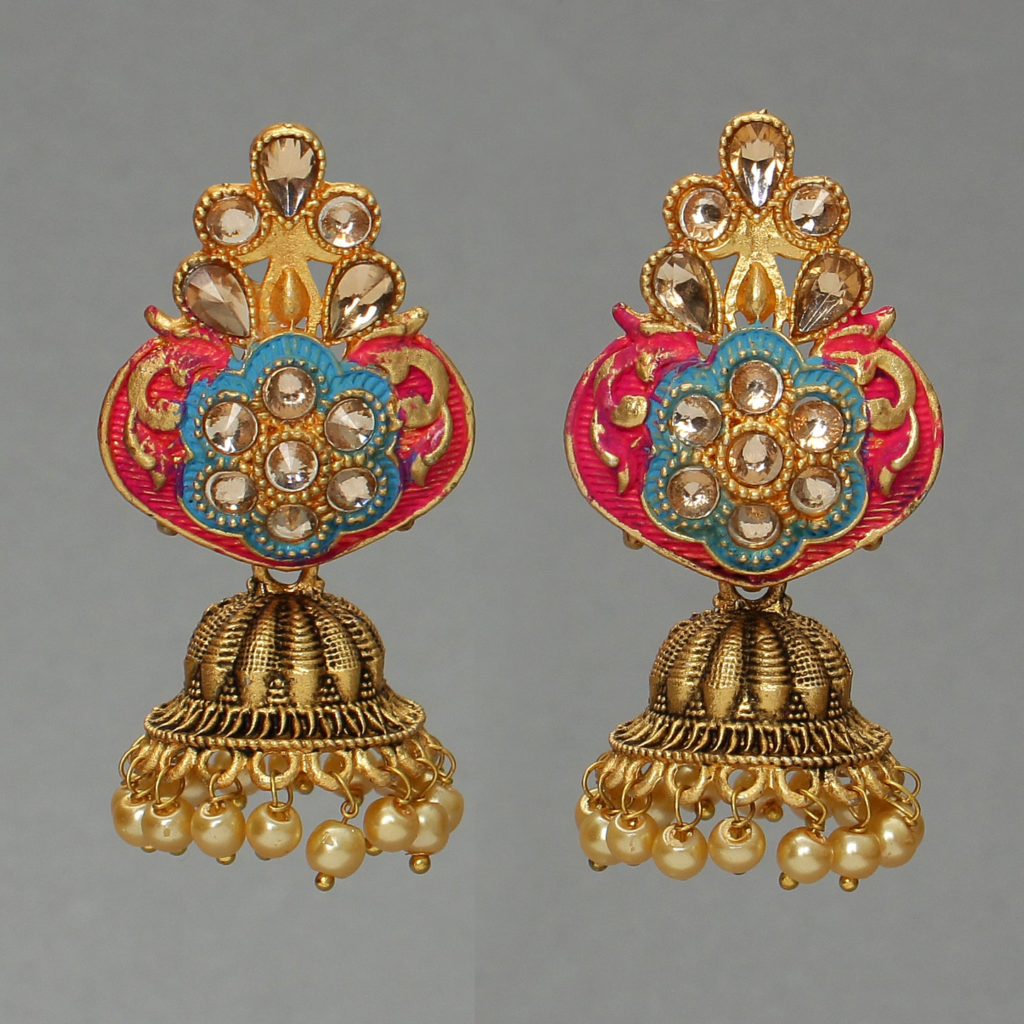 Divya- Stone Studded Hanging Pearl Jhumka Earrings (Red)