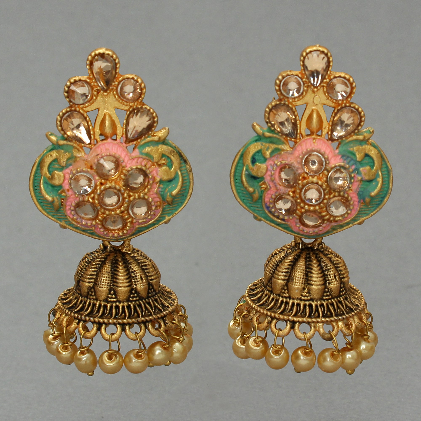 Divya- Stone Studded Hanging Pearl Jhumka Earrings (Green)