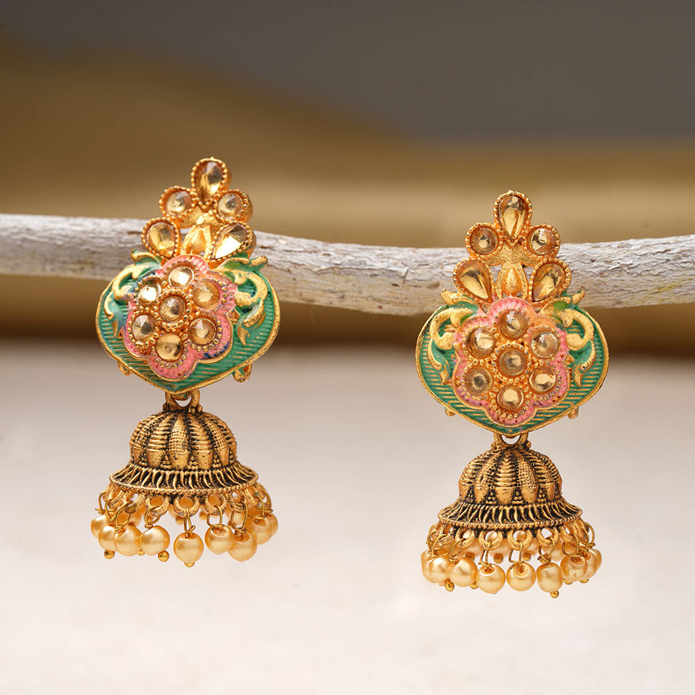 Divya- Stone Studded Hanging Pearl Jhumka Earrings (Green)