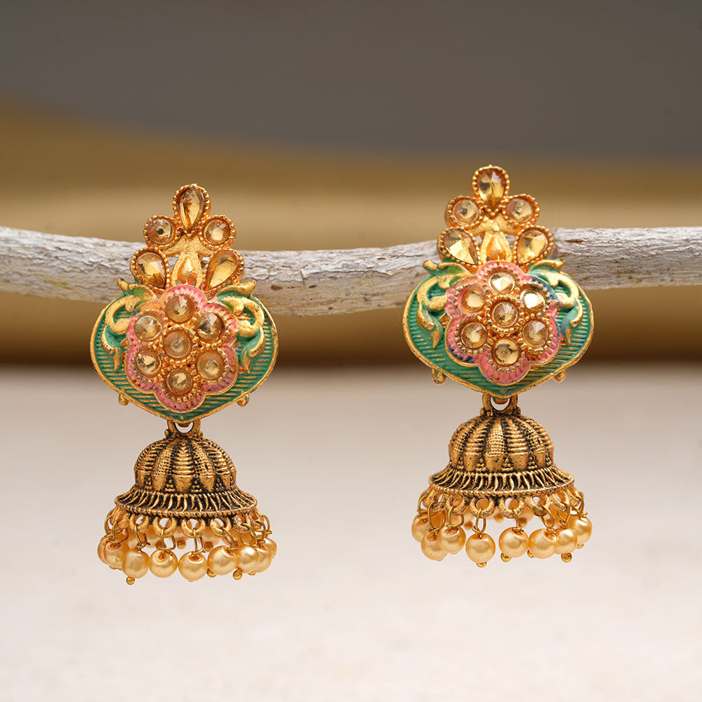Divya- Stone Studded Hanging Pearl Jhumka Earrings (Green)