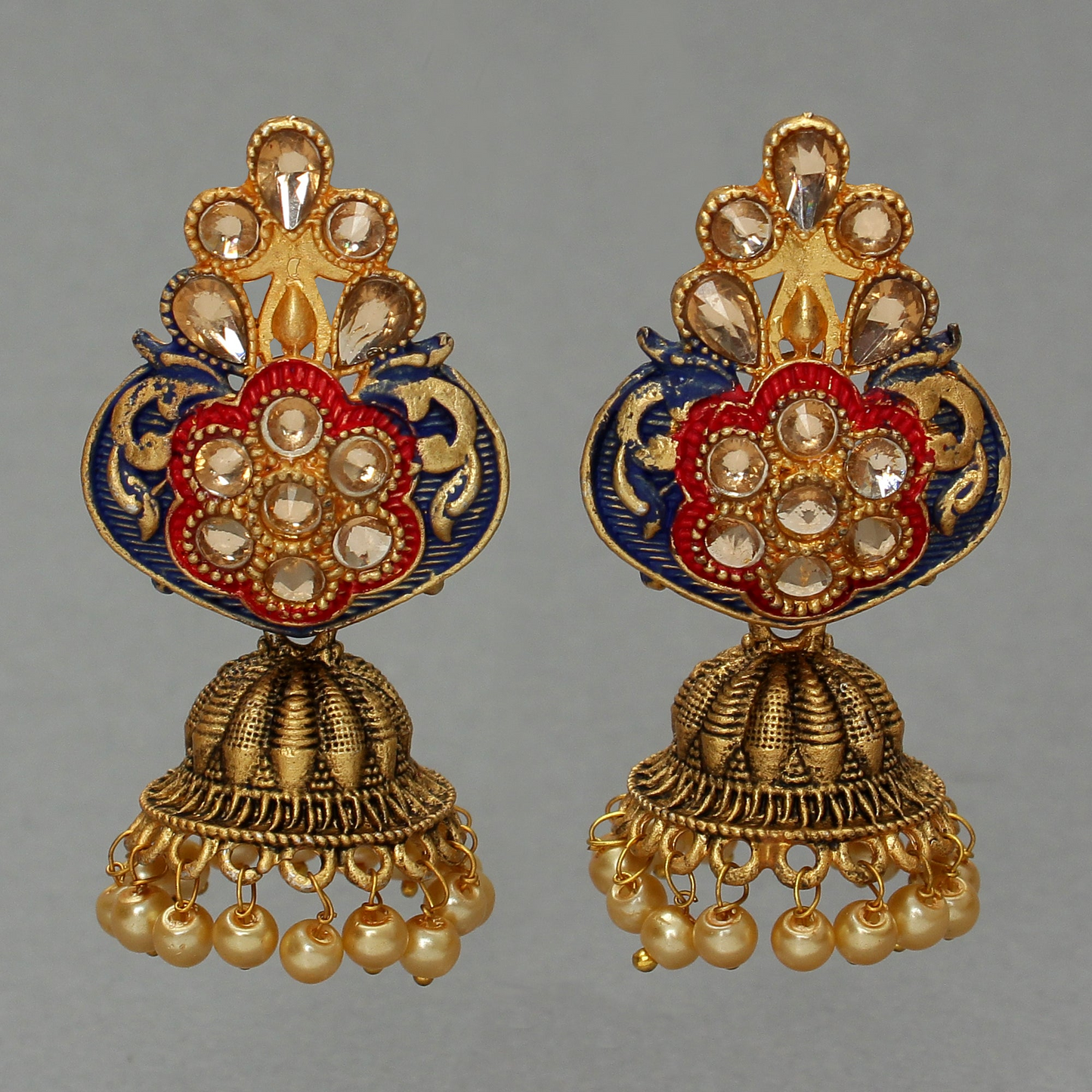 Divya- Stone Studded Hanging Pearl Jhumka Earrings (Blue)