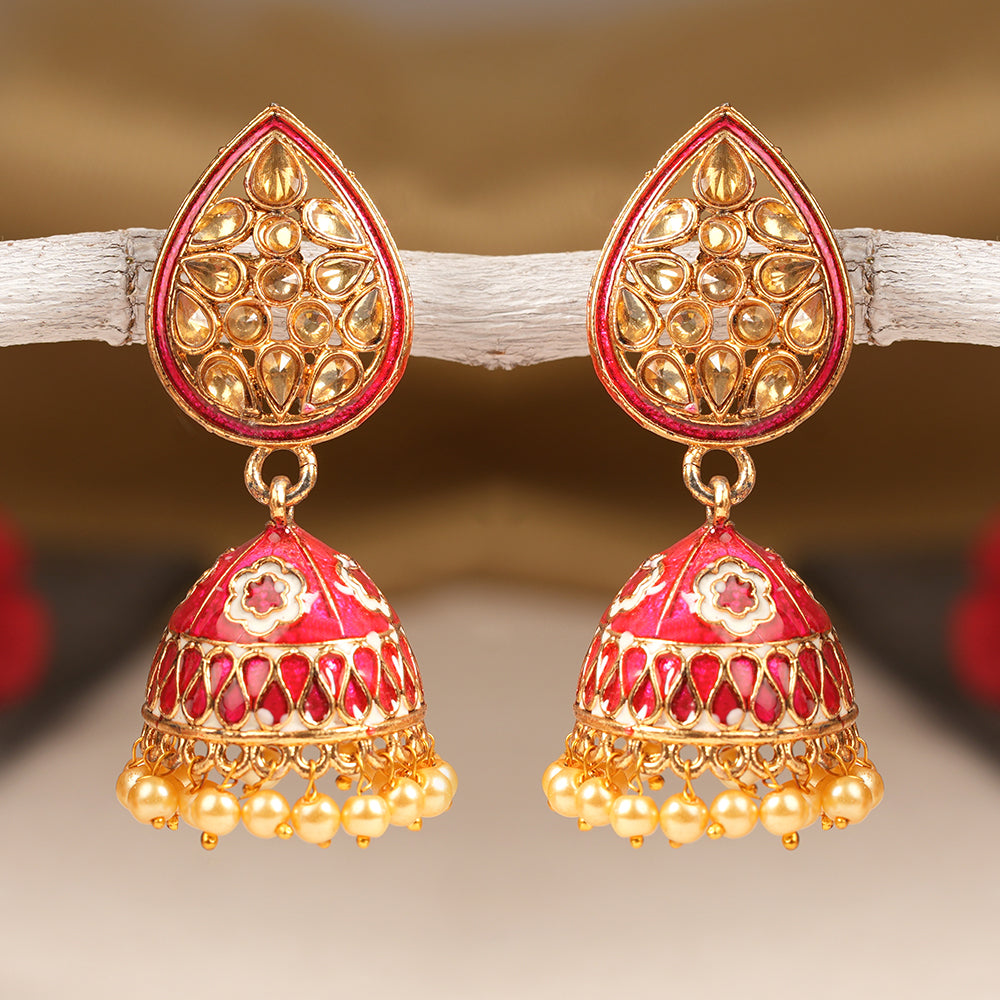 Dyuti- Stone Studded Hanging Pearl Jhumka Earrings (Red)