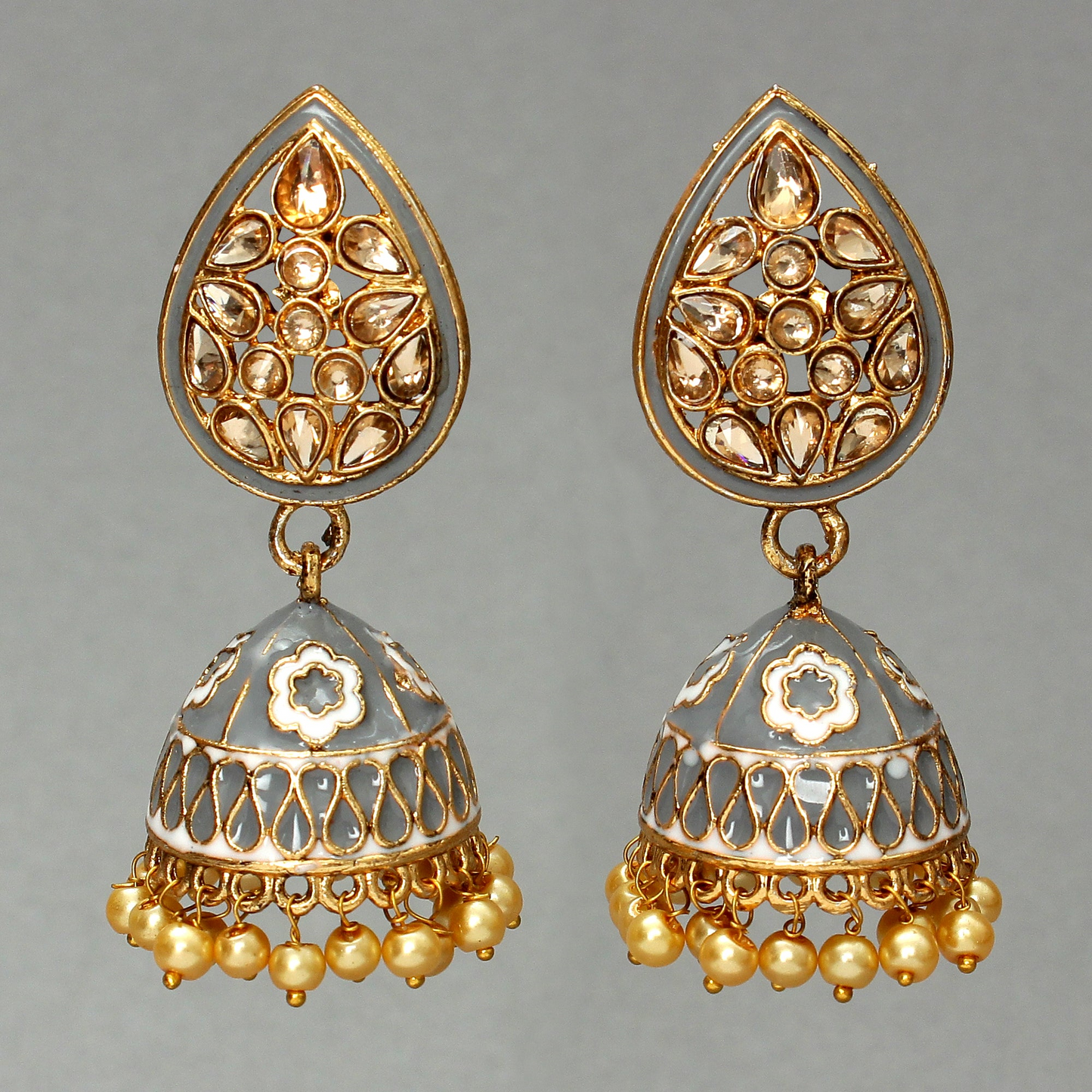 Dyuti- Stone Studded Hanging Pearl Jhumka Earrings (Gray)
