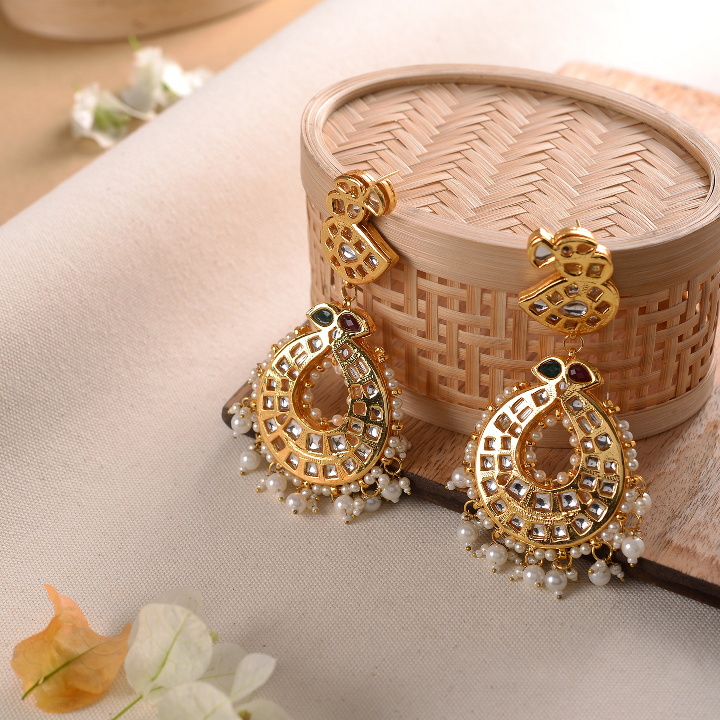 Falak- Stone Studded Hanging Pearl Dangler Earrings