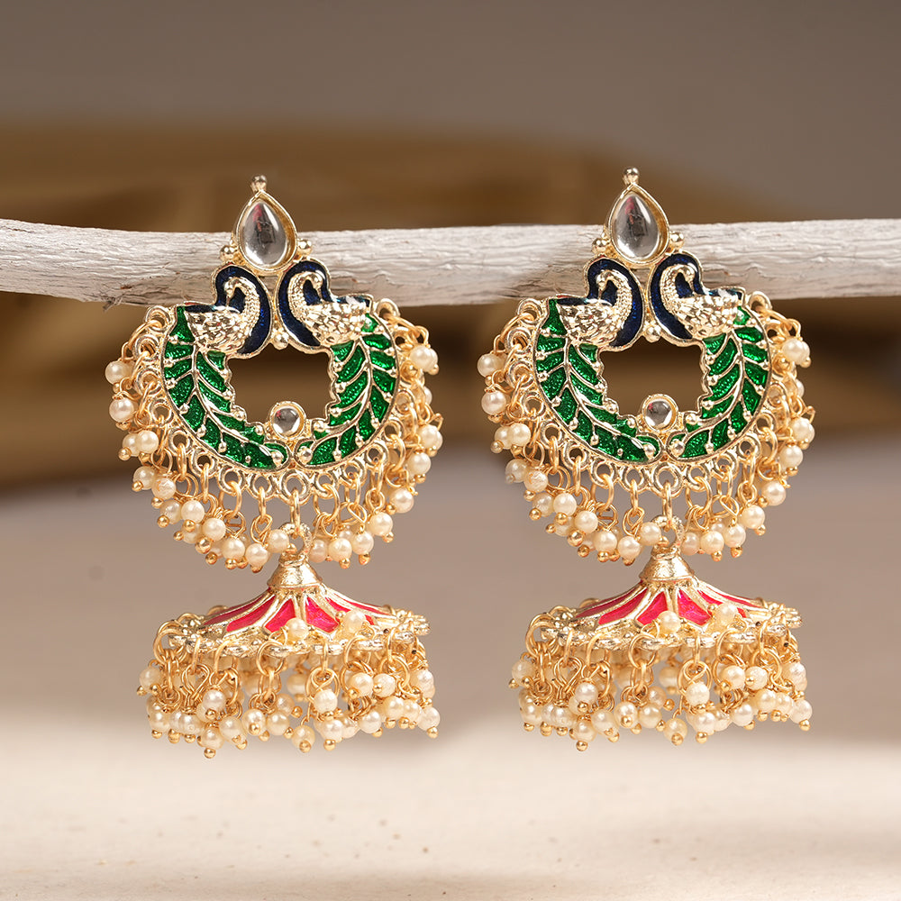 Hansini- Stone Studded Hanging Pearl Dangler Earrings(Multicolored)