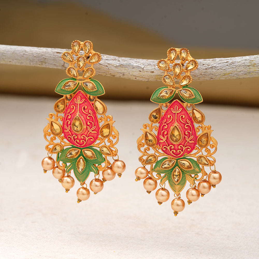 Harini- Stone Studded Hanging Pearl Dangler Earrings(Multicolored- Red and Green)