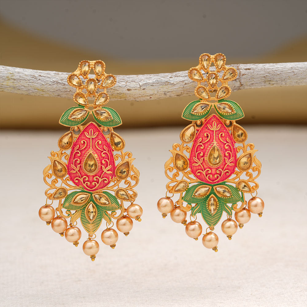 Harini- Stone Studded Hanging Pearl Dangler Earrings(Multicolored- Red and Green)