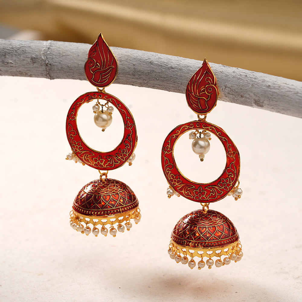 Heer- Stone Studded Hanging Pearl Jhumka Earrings (Red)