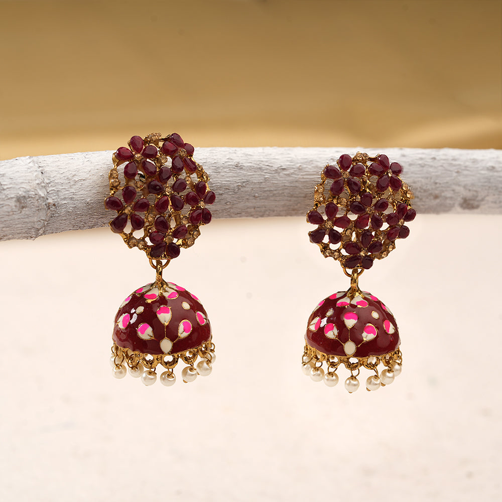 Heeya- Stone Studded Hanging Pearl Jhumka Earrings(Dak Maroon)