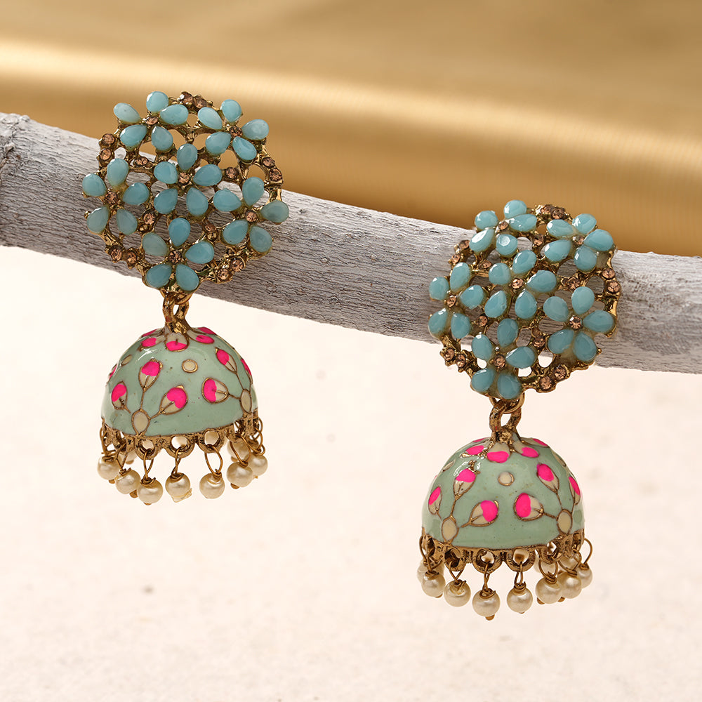 Heeya- Stone Studded Hanging Pearl Jhumka Earrings(Sky Blue)